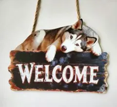 木製プレート　シベリアンハスキーA　WELCOME　犬の雑貨　HANAKO