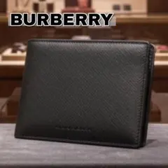 良品 バーバリー 二つ折り財布 レザー ノバチェック 黒 コンパクト