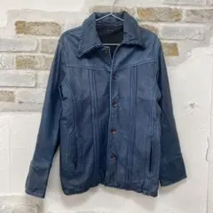 美品牛革　編みダークブルー ヴィンテージジャケット　L