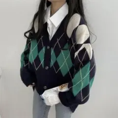 アーガイルパターン ボタン付きカーディガン