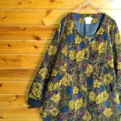 ノーカラージャケット　アウター　Ⅿ　花柄　総柄　茶色　黄土色　青　赤　等　古着