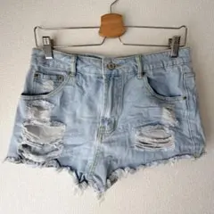 SHEIN ダメージデニム 美脚ショートパンツ 夏コーデ ライトブルー L