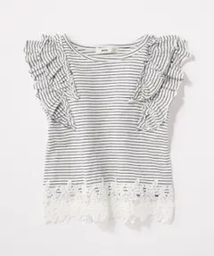 新品ライトオン  袖フリル裾レースのボーダーガーリートップス140 人気完売