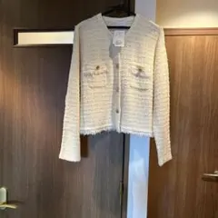 green labelrelaxing フリンジツイードノーカラーカーディガン