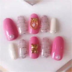 ネイルチップ ガーリー ネイル ツイード 冬 ピンク ゆめかわ くま リボン
