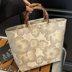 花柄デザイン　トートバッグ　光沢感　バンブー風　上品　和装　洋装　入学　卒業