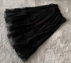 キラキラ ラメ ビジュー付 シアー ティアード ロングスカート ブラック 黒