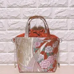 帯リメイク　孔雀 花 モダン柄刺繍　あおりポケット　巾着トート　2WAY