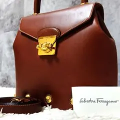 フェラガモ ハンドバッグ 2way フォーマル ブラウン 本革 ヒールスタッズ