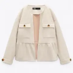 ZARA スウェードタッチ　裾ペプラムフリル　ノーカラージャケット　大人L