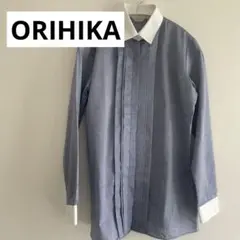 【美品】ORIHICA3Dアクティブクレリックシャツ　ホワイト×ブルーLオリヒカ