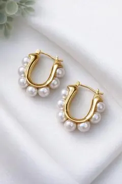 韓国風 パール フープピアス ゴールド フォーマル 大人可愛い 結婚式 入学式