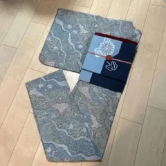 洗える着物 単衣 小紋 ブルーグリーン系 絞り風 花柄 裄68.5cm 美品