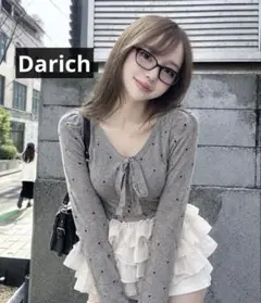 Darich ドット柄 リボン付き フリル ニット 長袖 トップス
