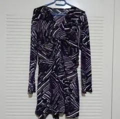 F47　Provador 3L　ストレッチ ワンピース 紫×白　幾何学　リボン