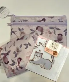 fleur 猫柄 ポーチ 2点＋ガーゼタオルハンカチ1枚/3点セットのサムネイル