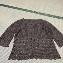 ハンドメイド ダークブラウン カーディガン 3/4袖 レース編み