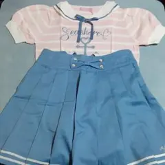 取り外し襟付きボーダー柄カットソーとサスペンダー付きプリーツスカパン2点セット