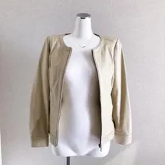 ラムレザー本革ジャケット/ベージュ系ノーカラー