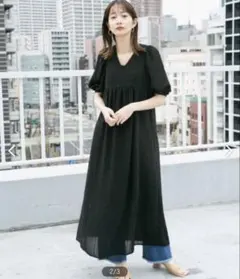 バックリボン パフスリーブ ロングワンピース　kbf 黒