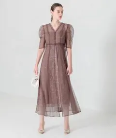 【LEJA】花柄総レースパフスリーブウエストリボン ドレス パーティ ワンピース