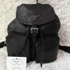 超希少/極美品✨プラダ リュック オールレザー 三角ロゴ 巾着 シルバー金具 黒