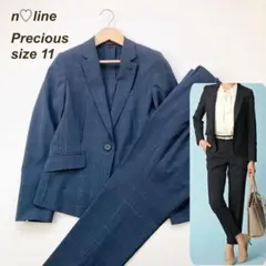 洗える　エヌライン　パンツスーツ　セットアップ　チェック柄　1B 紺