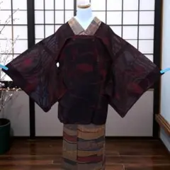 特注の超ロング寸　裄72、着丈87.1cm☆正絹　夏用　羅の道行コート　黒赤