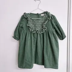 キッズ ワンピース 80 グリーン フリル 刺繍 ナチュラル コーデュロイ女の子