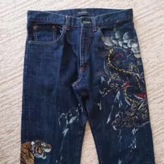 絡繰魂 龍 両面刺繍 和柄 デニムパンツ W30 濃紺 からくりたましい Y2K