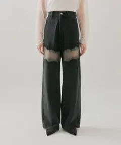 ⁠【美品】mystic カットアウト レース 透け ワイドデニム 黒 サイズ2⁠のサムネイル