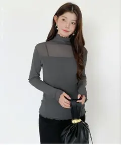 シアートップス 長袖 裏起毛付大きめサイズ　フリルハイネック レディース 長袖