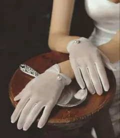 【まとめ買いお値引き受付中】リボンウェディングミニベールとパールグローブのセット