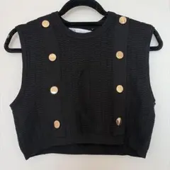 ZARA　金ボタン　ノースリーブクロップドニット　ブラックL