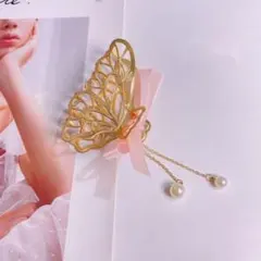 蝶々 バンスクリップ ヘアアクセサリー 髪留め リボン付 ヘアクリップ ゴールド