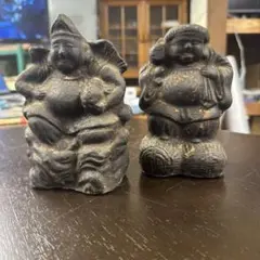 希少・骨董】伏見人形系 青大黒 恵比寿天 ペア 土人形 縁起物 郷土玩具