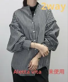 タグ付　Aletta vita バンドカラー2WAYスリーブストライプシャツ