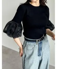 異素材切替 パフスリーブ 半袖ニット ブラックのサムネイル