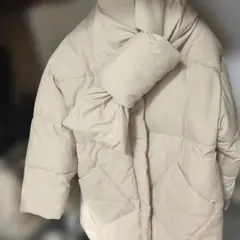 追加有☆彡新品未使用ノーカラーダウンマフラー付Lベージュビックシルエット裾絞り可