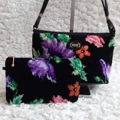 フェイラー ハンドバッグ ポーチセット シュニール織 花柄 黒 FEILER