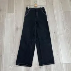ブラック デニム ワイドパンツ ステッチ Sサイズのサムネイル