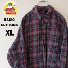 USA古着 BASICEDITIONSネルシャツ　XLワインレッドグレーオンブレ
