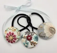 SALE♡三点セット　38mmインド刺繍リボン☆くるみボタンヘアゴム NO.15