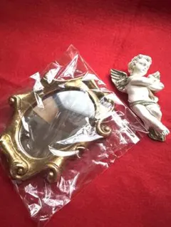 ビンテージブロカント ゴールドフレームミラー & 石膏エンジェル 天使像
