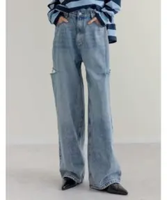 サイドスリットワイドストレートコットンデニムパンツ　MT