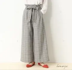 超美品 GLACIER グレンチェック ワイドパンツ リボンベルト L グレー
