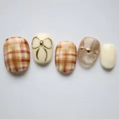 サイズオーダー可 ベリーショート ネイルチップ 秋色チェック柄リボンガーリー