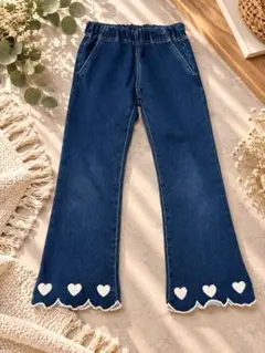 キッズ デニム パンツ ハート刺繍 裾スカラップ