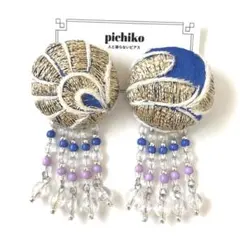 インド刺繍リボン(ブルー、ゴールド)×ビーズタッセル♡ピアスorイヤリング