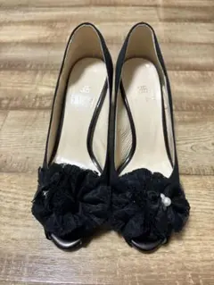 【美品】EIZO 黒 フラワー装飾 ハイヒール 22cm